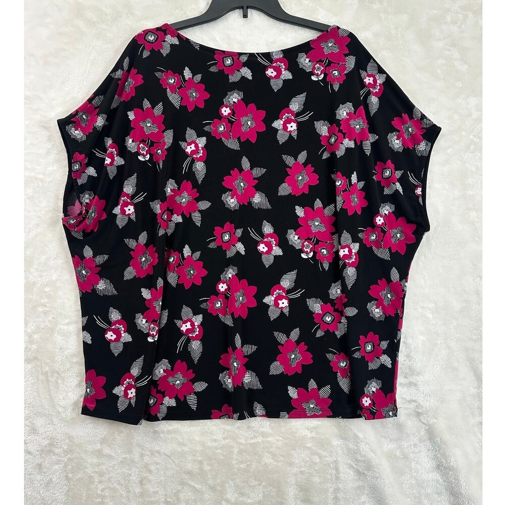 LRL Ralph Lauren Black Pink Floral Top 2X Cap Sleeve Classy Mature